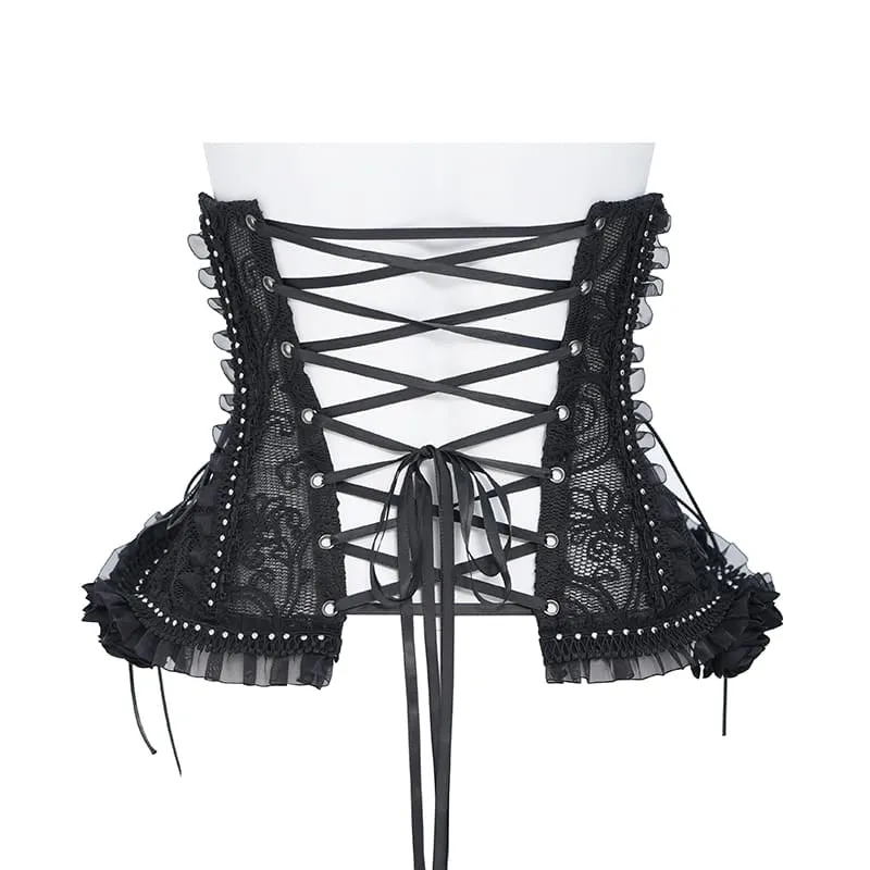 Gothic-Korsett für Damen mit Rosenrüschen vorne, Schnürung und Unterbrustverschluss