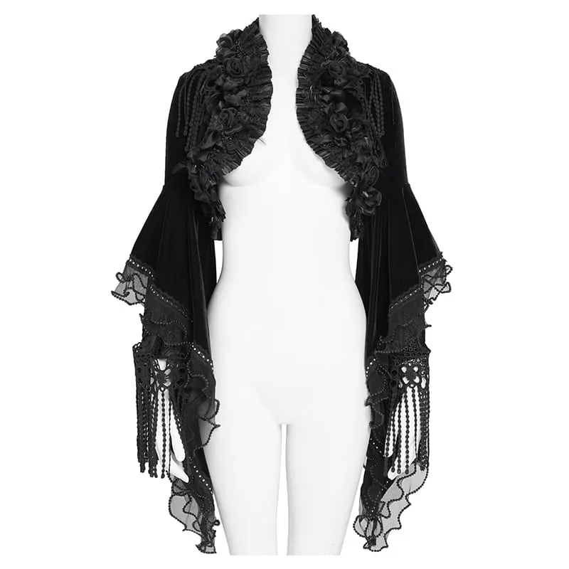 Gothic-Umhang aus Samt für Damen mit Rosenrüschen, Quasten und ausgestellten Ärmeln.