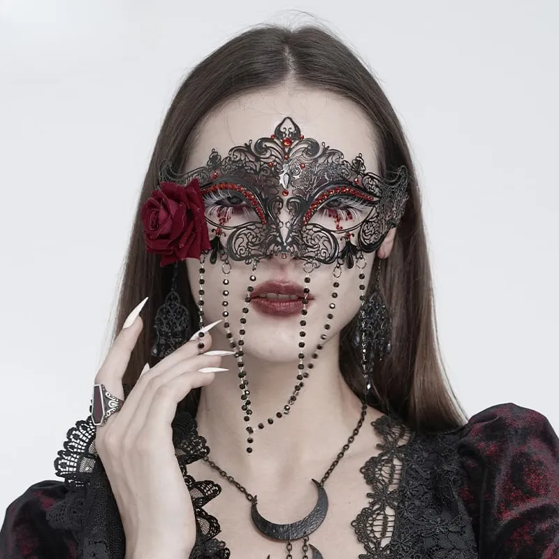 Gothic-Maske für Damen mit Rosenmuster, Perlenbesatz und Fransen, schwarz-rot