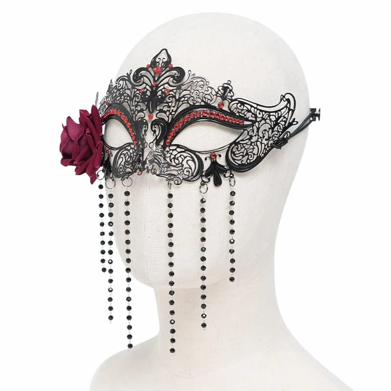 Gothic-Maske für Damen mit Rosenmuster, Perlenbesatz und Fransen, schwarz-rot