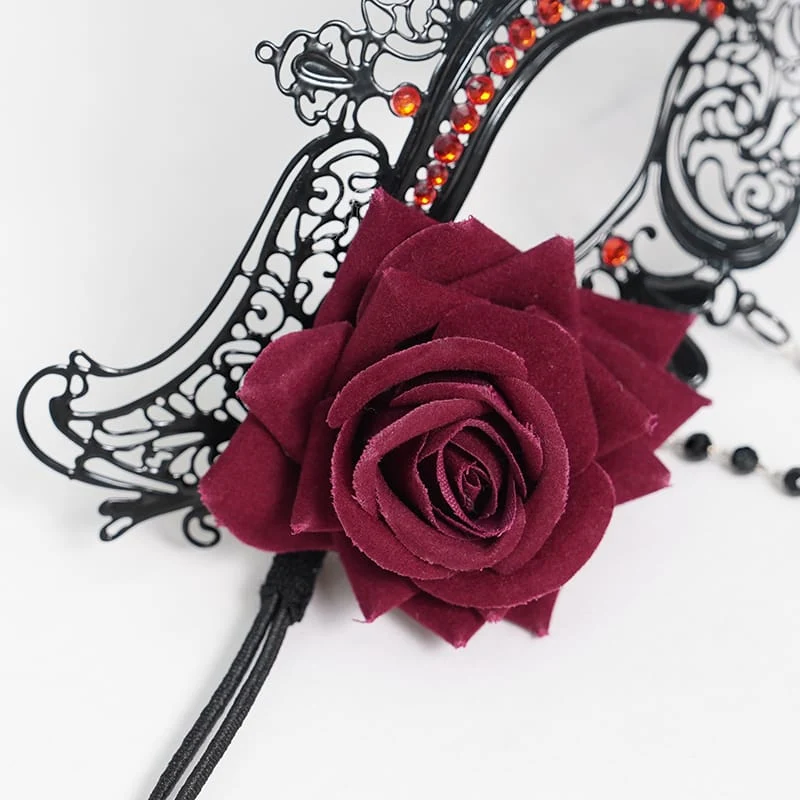 Gothic-Maske für Damen mit Rosenmuster, Perlenbesatz und Fransen, schwarz-rot