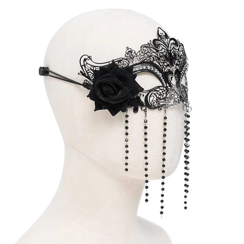 Schwarze Gothic-Maske für Damen mit Rosenmuster, Perlenbesatz und Fransen.