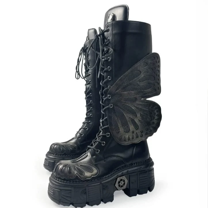Grunge-Schnürstiefel für Damen mit Schmetterlingsflügel-Plateau und dicker Sohle
