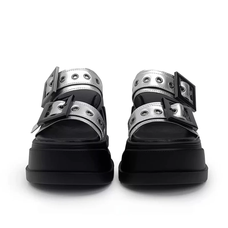 Grunge-Sandalen für Damen, zweifarbig, mit Schnallenriemen und Keilabsatz