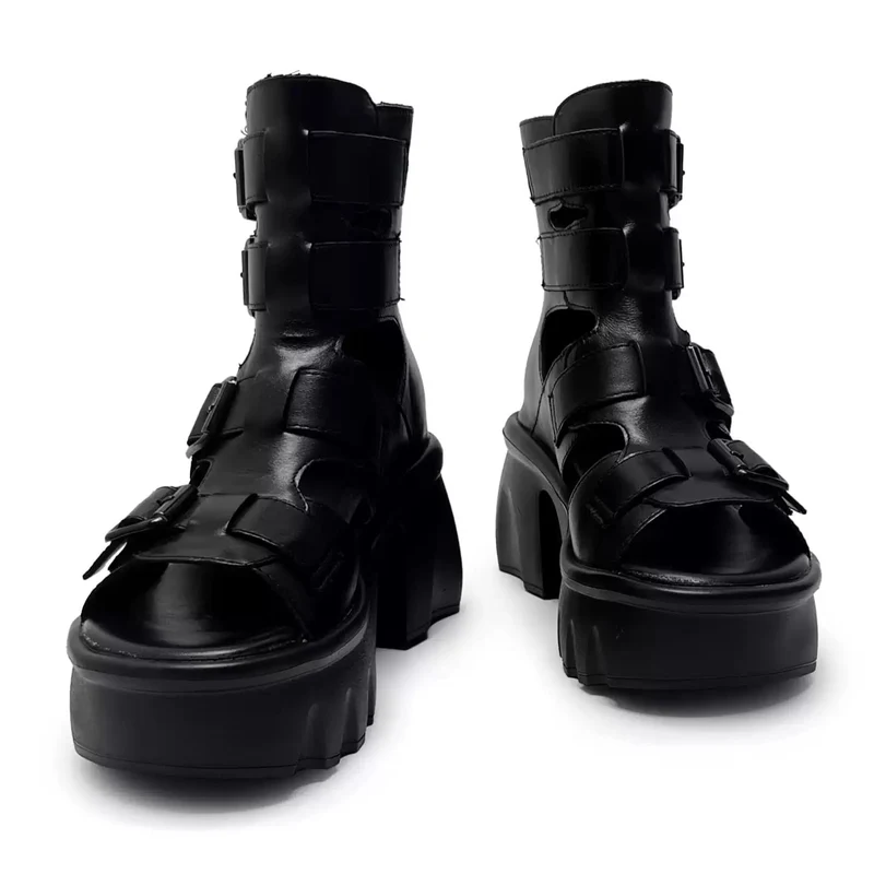 Grunge-Sandalen für Damen mit Schnallenriemen, Cut-outs, offener Zehenpartie und klobigem Plateauabsatz