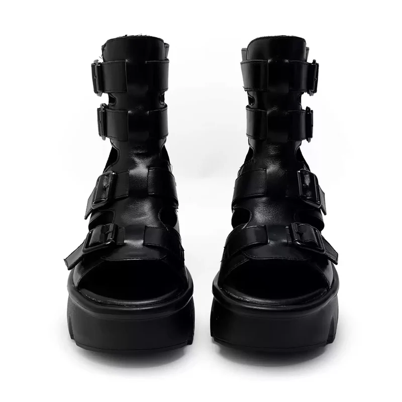 Grunge-Sandalen für Damen mit Schnallenriemen, Cut-outs, offener Zehenpartie und klobigem Plateauabsatz