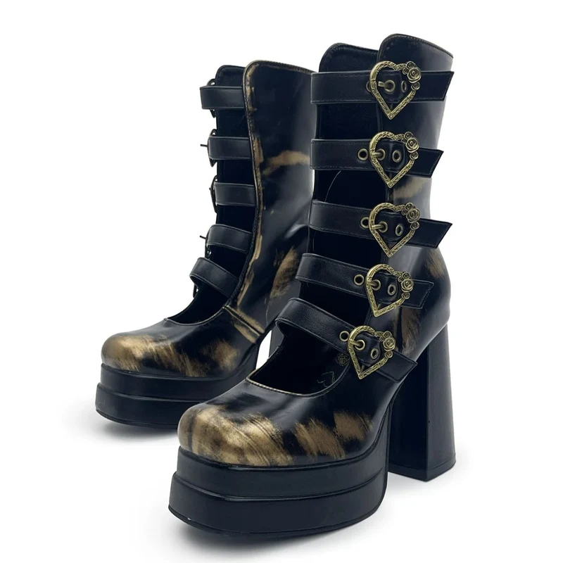 Gothic-Stiefeletten für Damen mit herzförmigen Schnallen, mehreren Riemen, Cut-outs und Blockabsatz