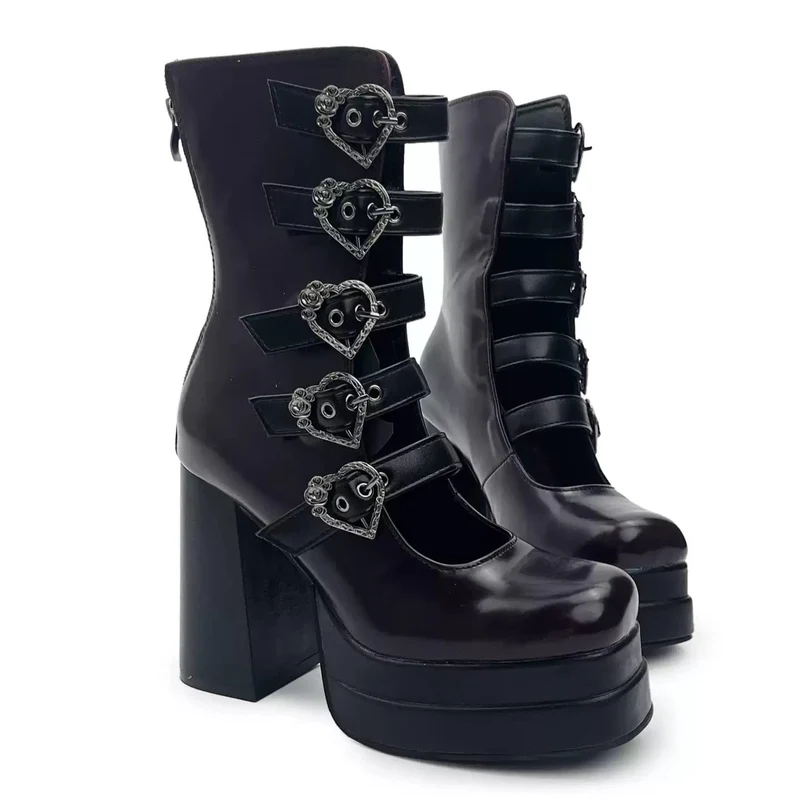 Gothic-Stiefeletten für Damen mit herzförmigen Schnallen, mehreren Riemen, Cut-outs und Blockabsatz