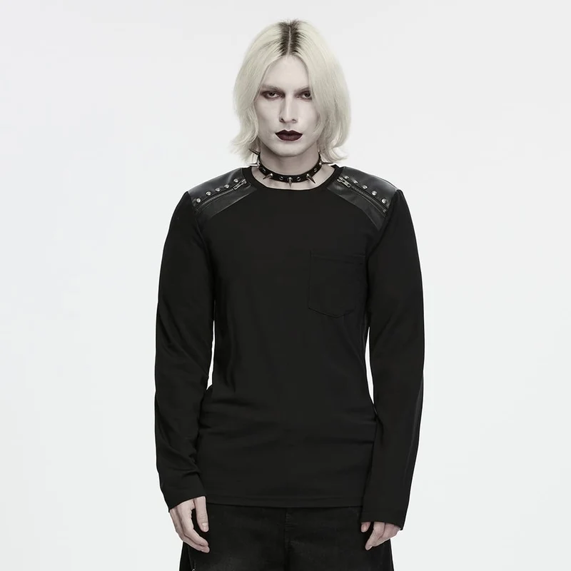 Punk-Herren-Langarmshirt mit geprägten Nieten, Reißverschluss, Rundhalsausschnitt.