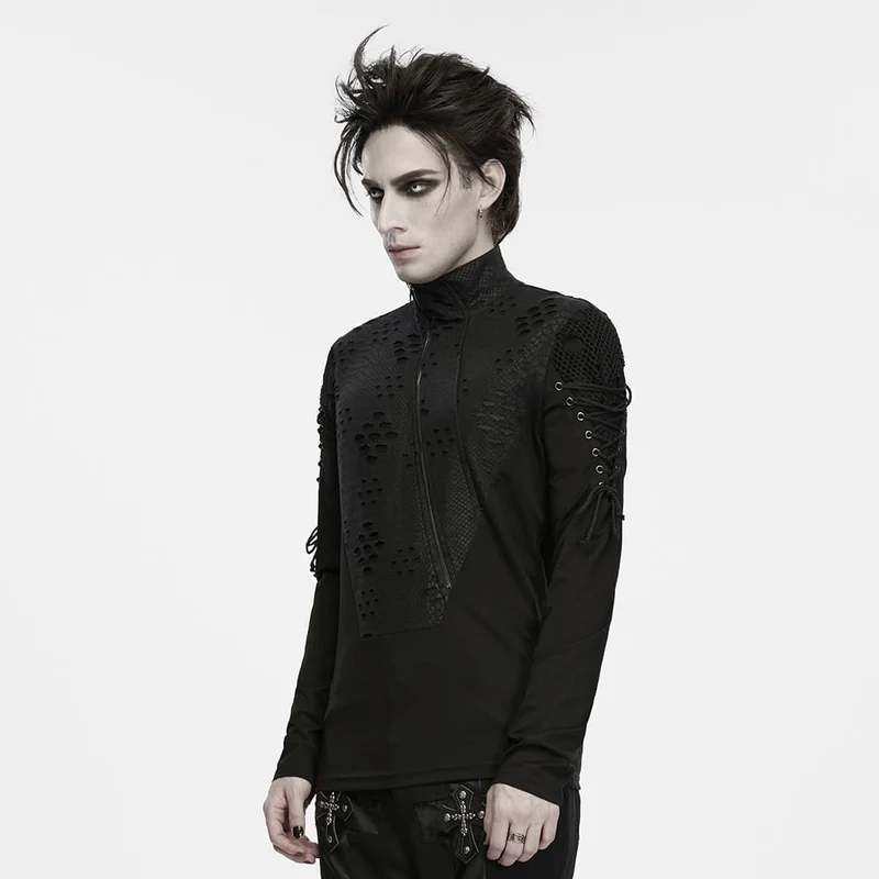 Punk-Herren-Langarmshirt mit Schnürung, Reißverschluss und Rollkragen
