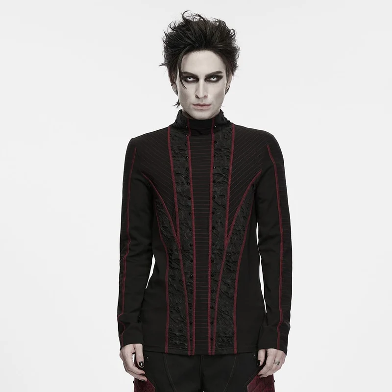 Punk-Herren-Langarmshirt mit Nieten, Used-Look, Stehkragen, Schwarz-Rot