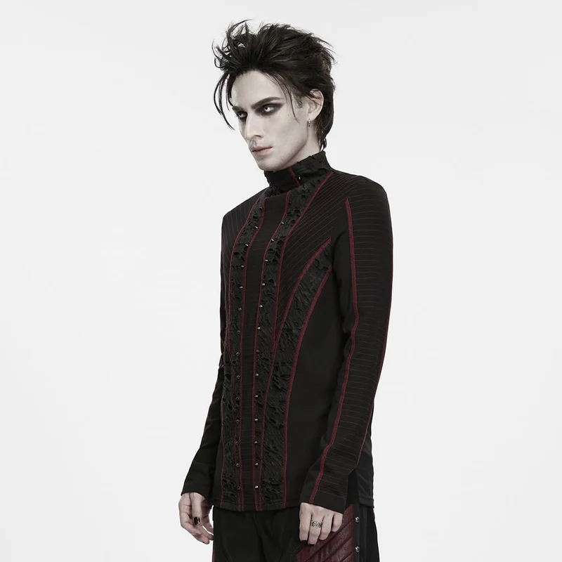 Punk-Herren-Langarmshirt mit Nieten, Used-Look, Stehkragen, Schwarz-Rot