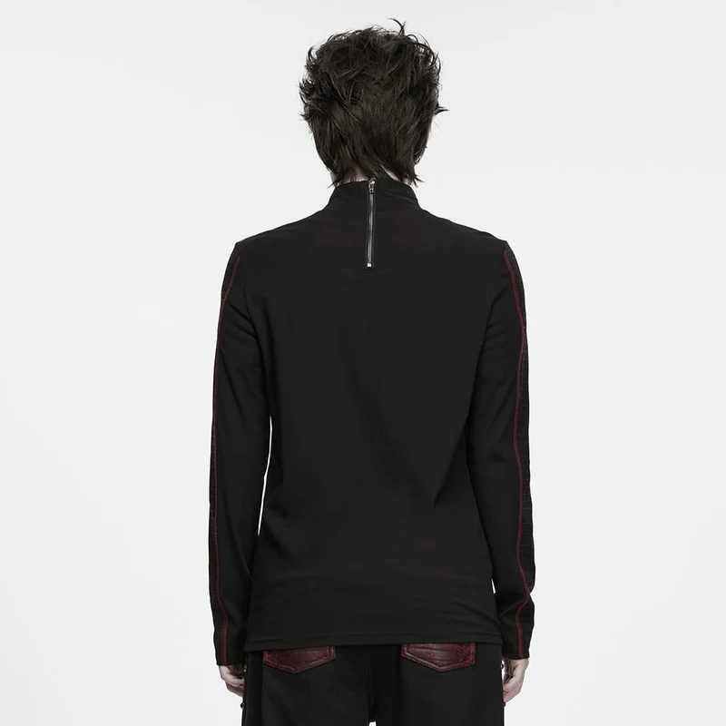 Punk-Herren-Langarmshirt mit Nieten, Used-Look, Stehkragen, Schwarz-Rot