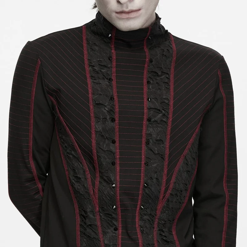 Punk-Herren-Langarmshirt mit Nieten, Used-Look, Stehkragen, Schwarz-Rot