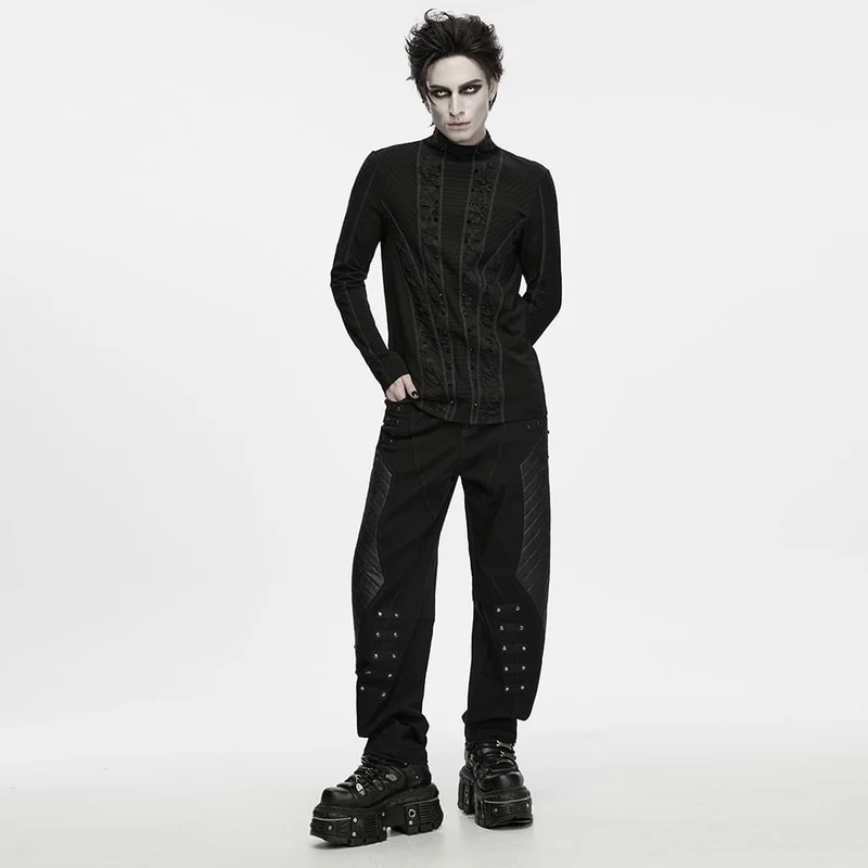 Schwarzes Herren-Langarmshirt im Punk-Stil mit Nieten, Used-Look und Stehkragen