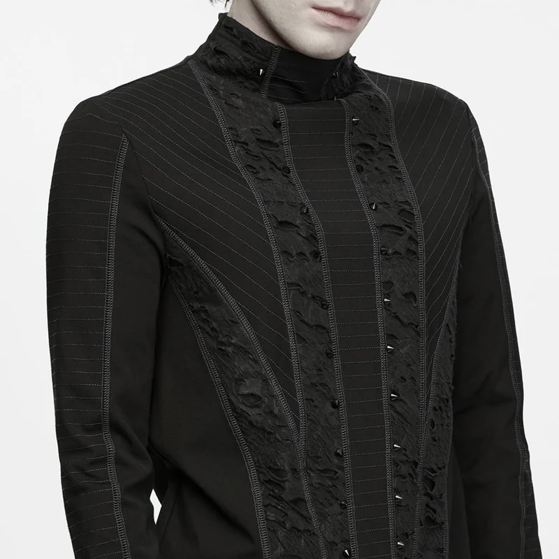 Schwarzes Herren-Langarmshirt im Punk-Stil mit Nieten, Used-Look und Stehkragen