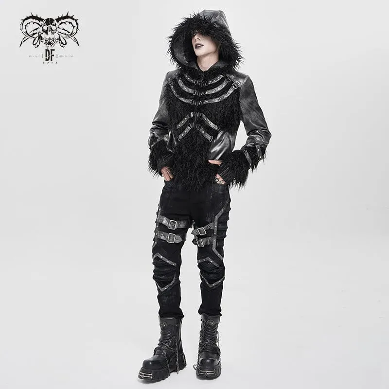 Herrenmantel mit Punk-Nietenriemen und Plüsch-Kapuze