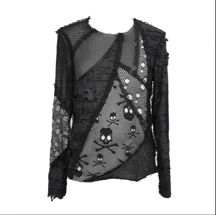 Herren Punk Skull Ripped Langarmshirts