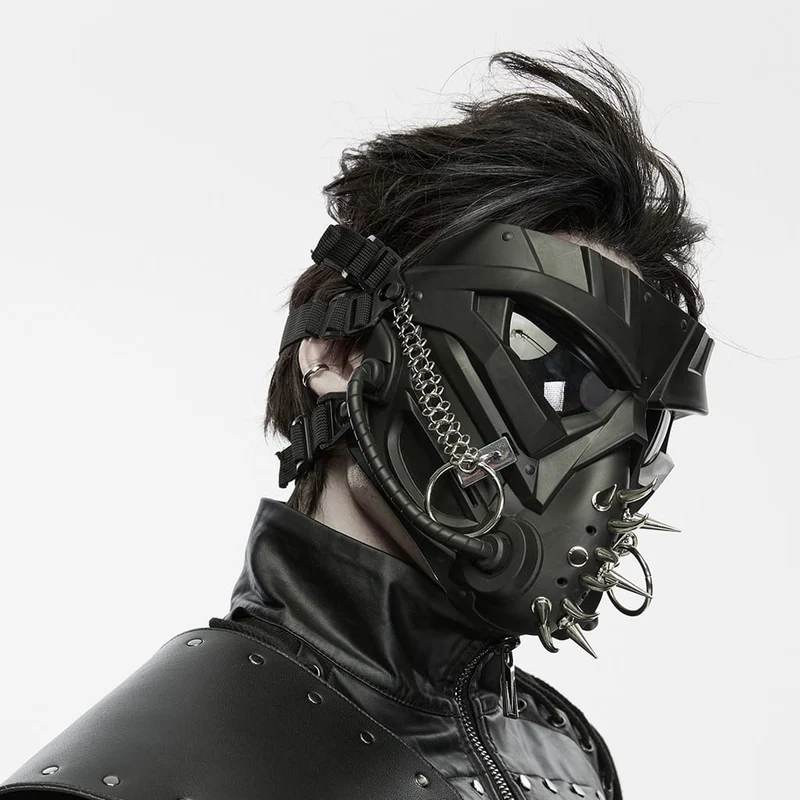 Herren-Cyberpunk-Maske mit Stachelkette und Ring