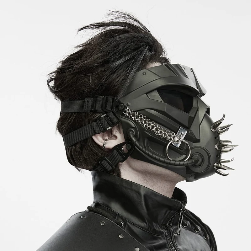 Herren-Cyberpunk-Maske mit Stachelkette und Ring