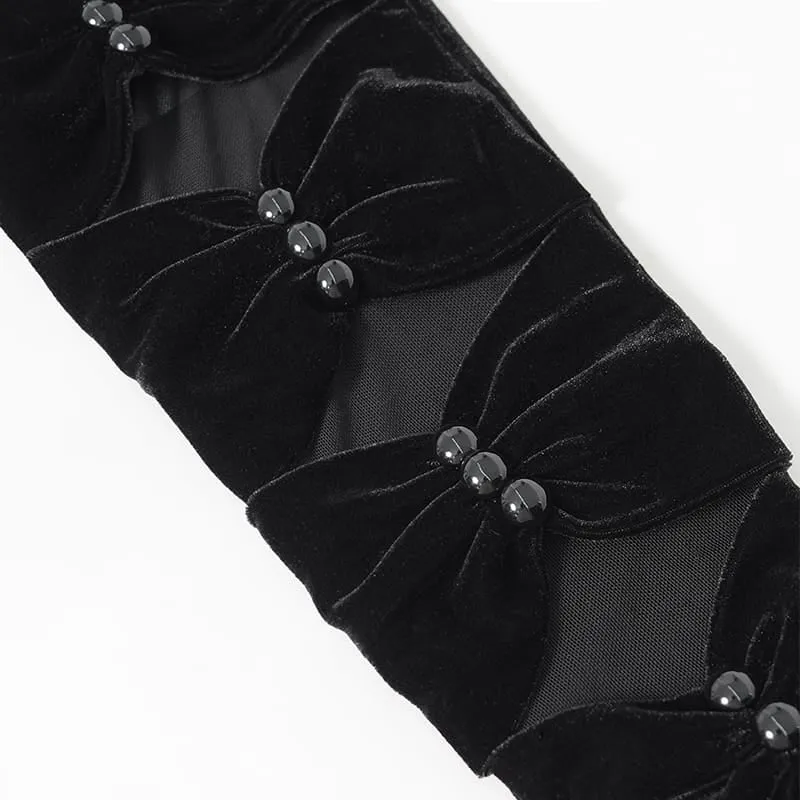 Lange Gothic-Handschuhe für Damen mit gerafftem Mesh-Einsatz und Samt