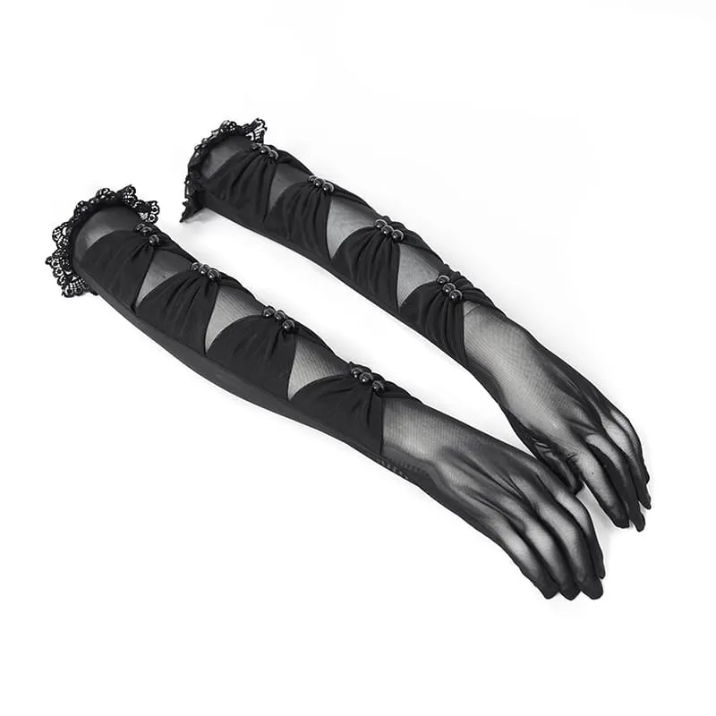 Lange Gothic-Handschuhe für Damen mit gerafftem Mesh-Einsatz