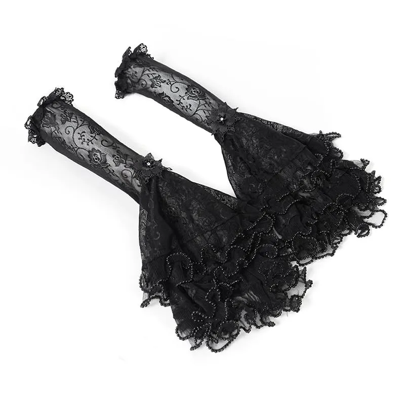 Gothic-Ärmel für Damen mit mehreren Lagen, Perlenbesatz, Rüschen und Rosenmuster aus Mesh