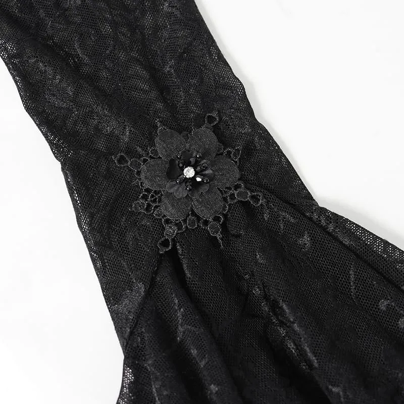 Gothic-Ärmel für Damen mit mehreren Lagen, Perlenbesatz, Rüschen und Rosenmuster aus Mesh