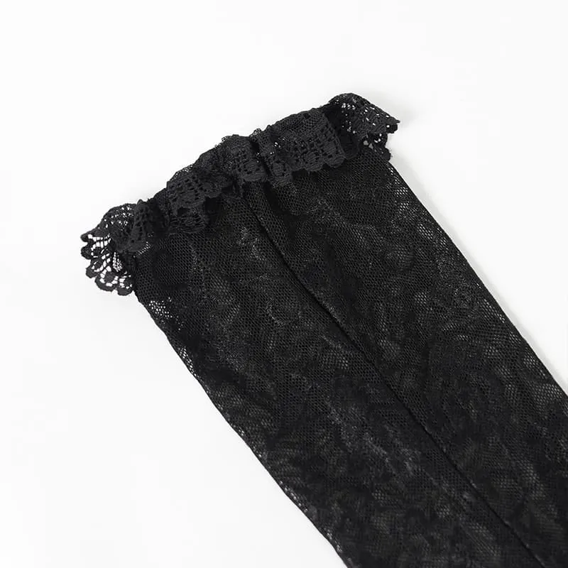 Gothic-Ärmel für Damen mit mehreren Lagen, Perlenbesatz, Rüschen und Rosenmuster aus Mesh