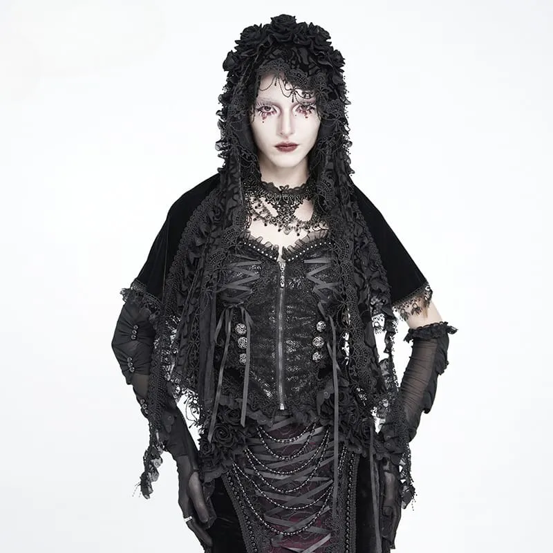 Gothic-Cape für Damen mit Rosenmuster, Rüschenspitze, Quasten und Kapuze