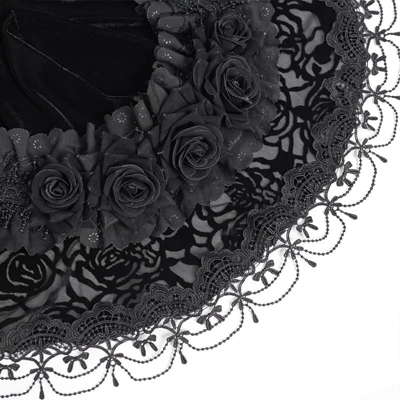 Gothic-Cape für Damen mit Rosenmuster, Rüschenspitze, Quasten und Kapuze
