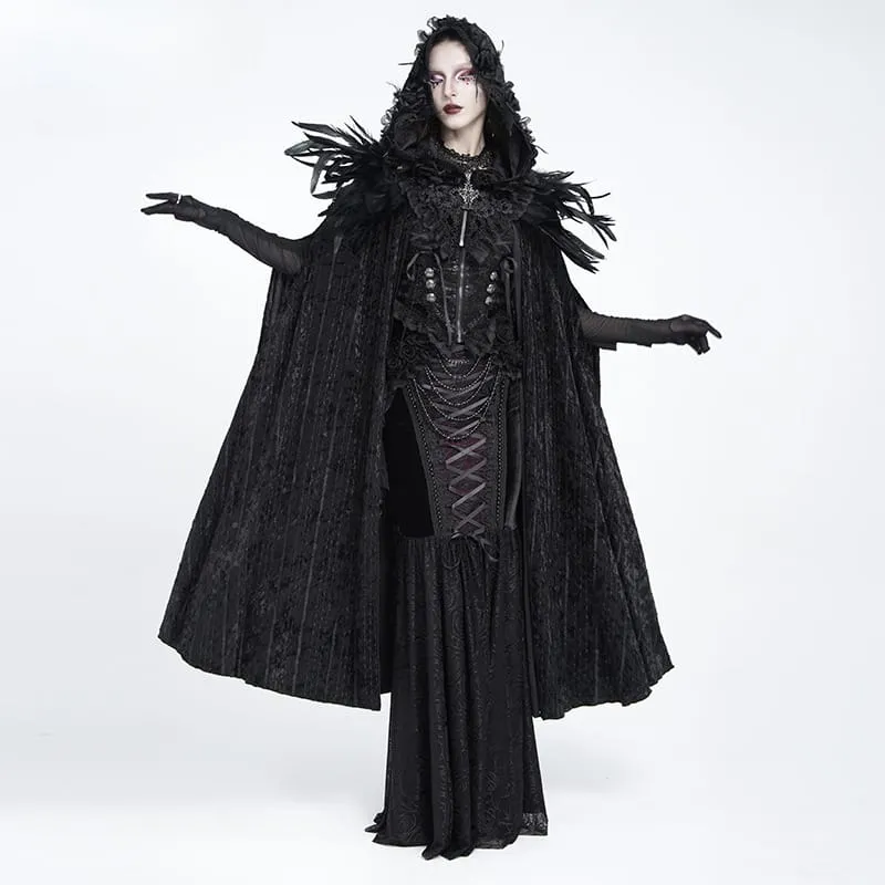 Gothic-Umhang für Damen mit floralem Feder- und Spitzenbesatz, Kapuze und langem Design