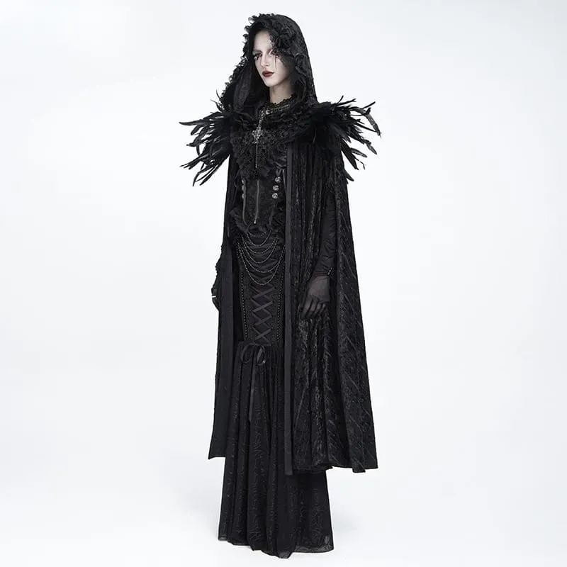 Gothic-Umhang für Damen mit floralem Feder- und Spitzenbesatz, Kapuze und langem Design