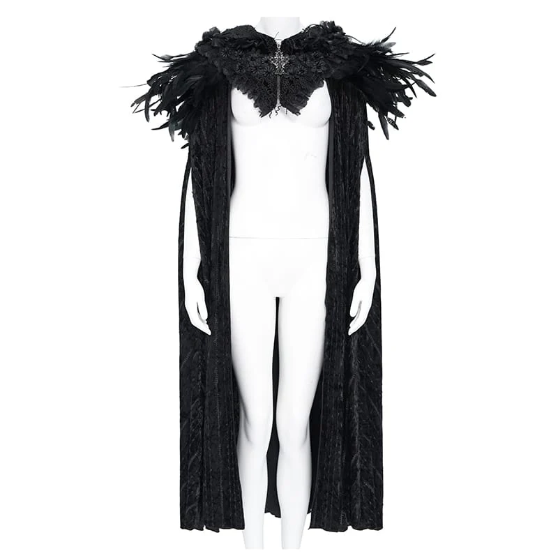 Gothic-Umhang für Damen mit floralem Feder- und Spitzenbesatz, Kapuze und langem Design