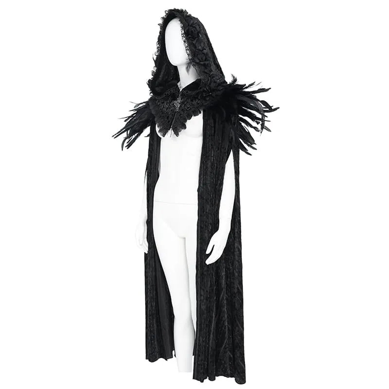Gothic-Umhang für Damen mit floralem Feder- und Spitzenbesatz, Kapuze und langem Design