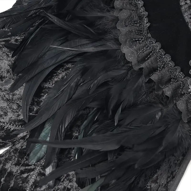 Gothic-Umhang für Damen mit floralem Feder- und Spitzenbesatz, Kapuze und langem Design