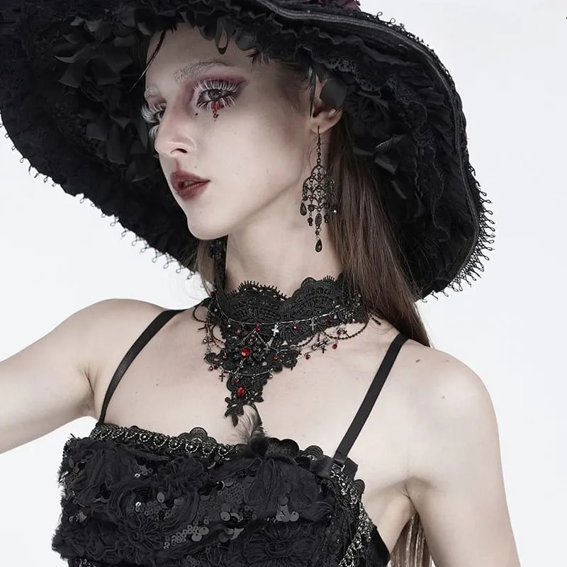 Gothic-Choker für Damen mit Kreuzkette, Perlen und Spitze