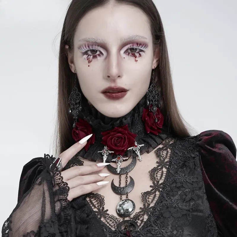 Gothic-Halskragen für Damen mit Kreuz- und Rosenmotiv, Rüschen aus Spitze und Netzgewebe, Schwarz-Rot