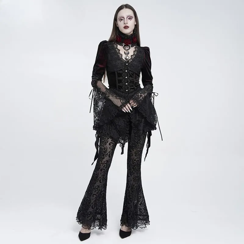 Gothic-Halskragen für Damen mit Kreuz- und Rosenmotiv, Rüschen aus Spitze und Netzgewebe, Schwarz-Rot