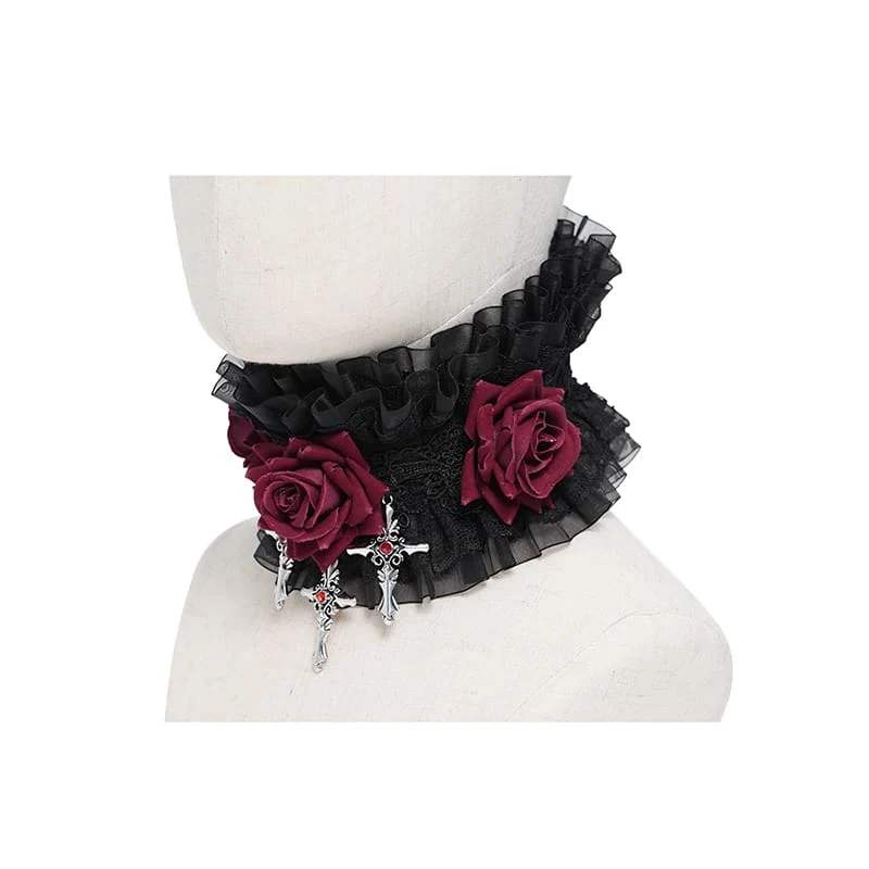 Gothic-Halskragen für Damen mit Kreuz- und Rosenmotiv, Rüschen aus Spitze und Netzgewebe, Schwarz-Rot