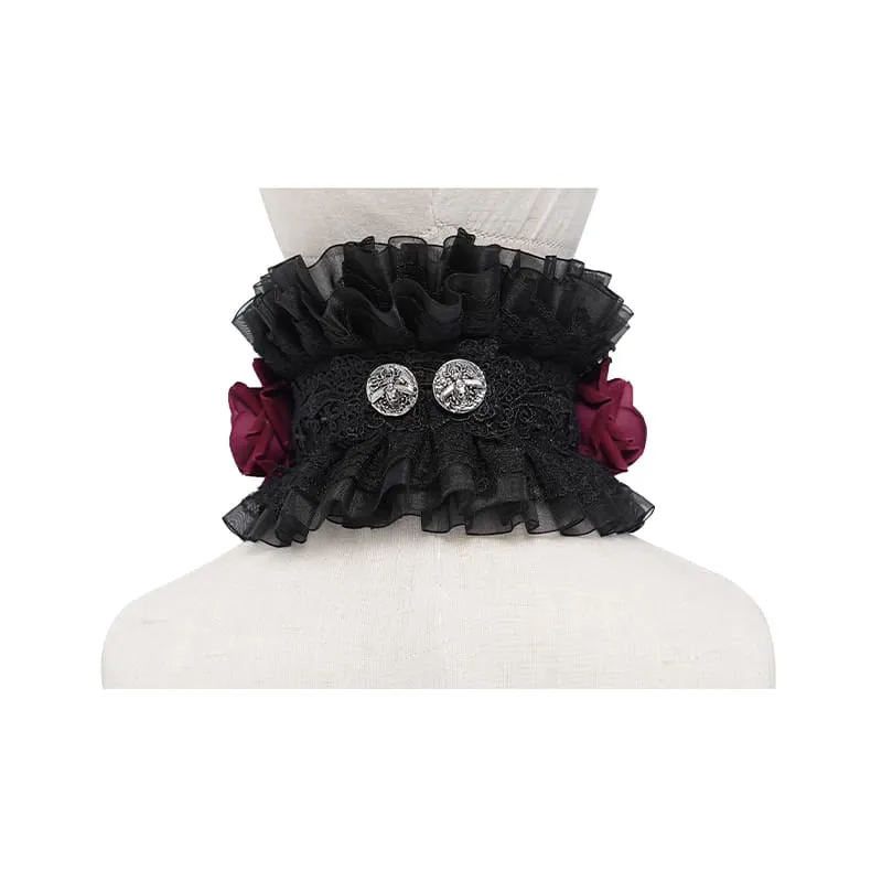 Gothic-Halskragen für Damen mit Kreuz- und Rosenmotiv, Rüschen aus Spitze und Netzgewebe, Schwarz-Rot