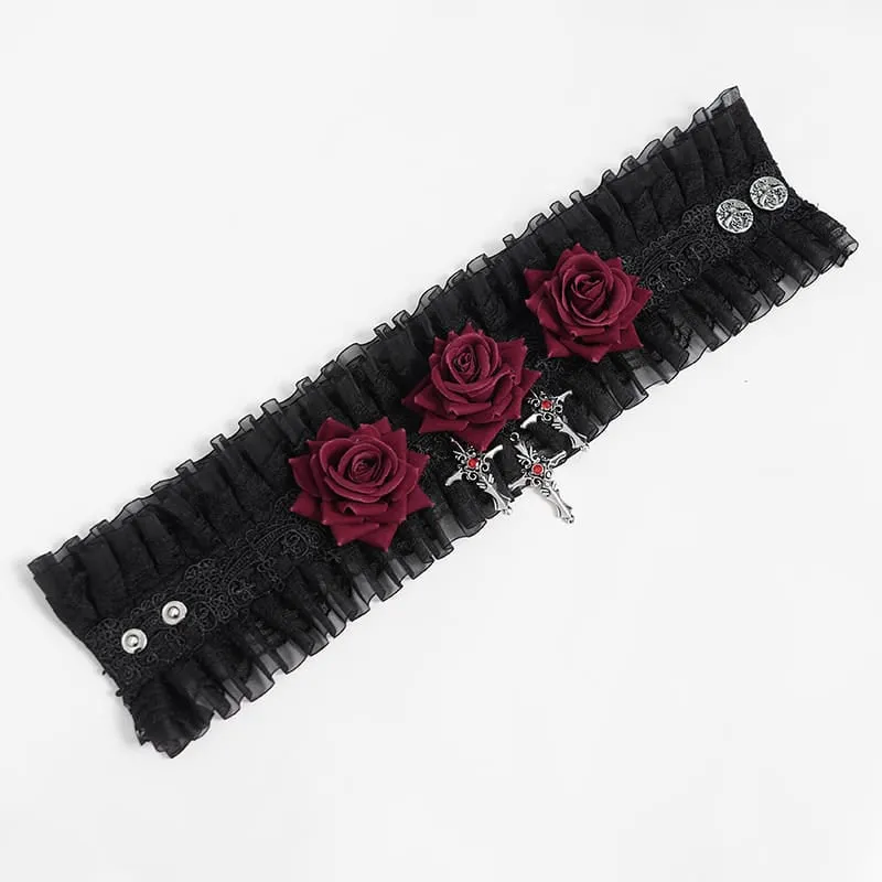 Gothic-Halskragen für Damen mit Kreuz- und Rosenmotiv, Rüschen aus Spitze und Netzgewebe, Schwarz-Rot