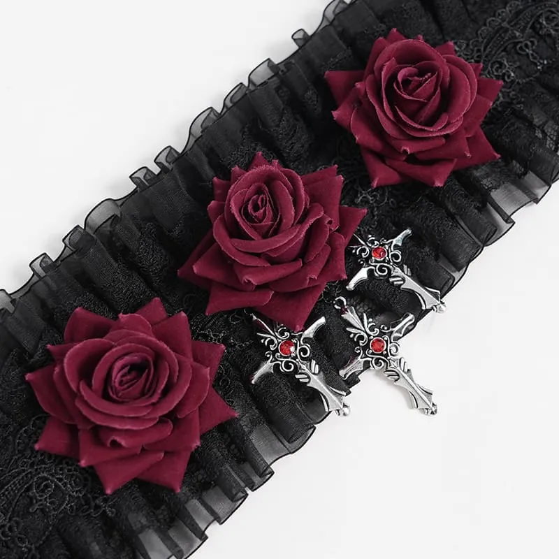 Gothic-Halskragen für Damen mit Kreuz- und Rosenmotiv, Rüschen aus Spitze und Netzgewebe, Schwarz-Rot