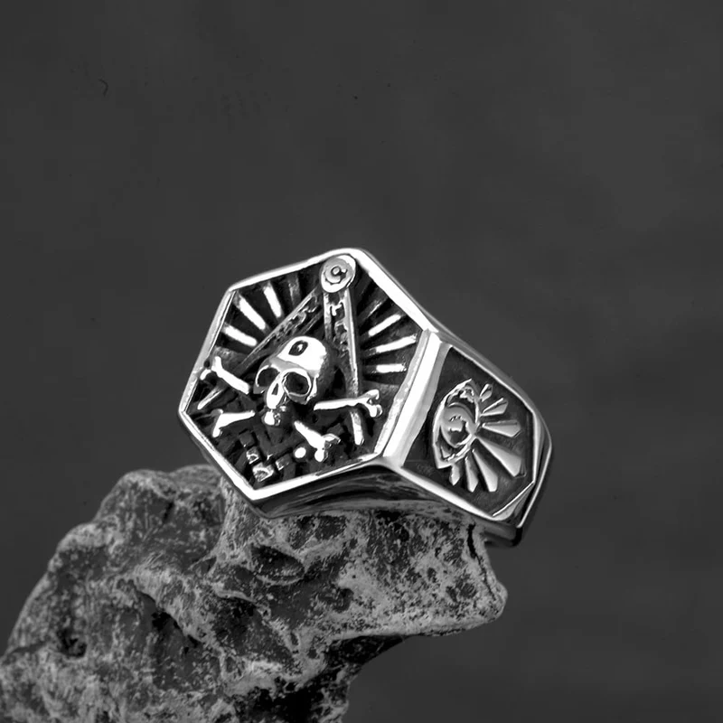 Punk-Ring für Herren mit sechseckigem Totenkopf-Motiv