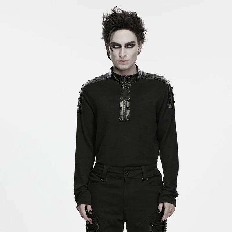 Punk-Herren-Langarmshirt mit Nieten, Ösen, Reißverschluss und Stehkragen
