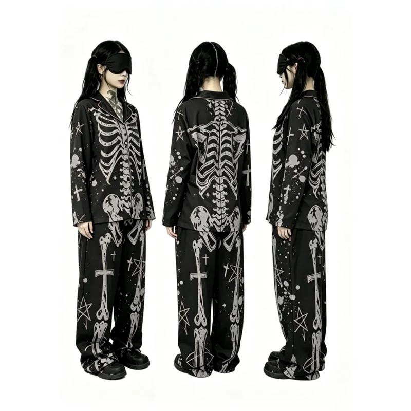 Gothic-Skelett-Röntgen-Pyjama-Set für Damen, 2-teilig, Loungewear