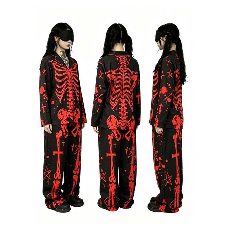 Gothic-Skelett-Röntgen-Pyjama-Set für Damen, 2-teilig, Loungewear