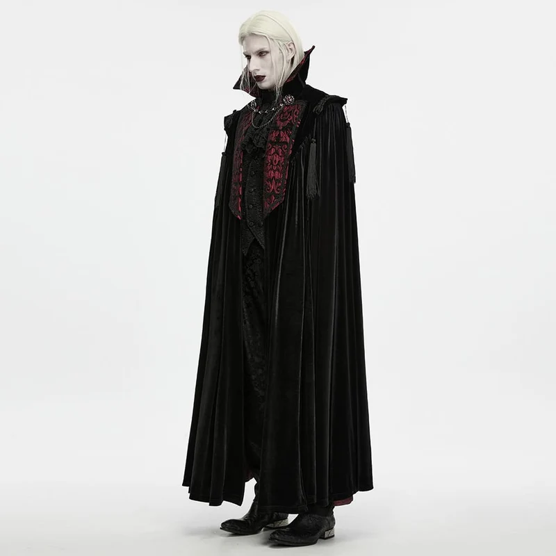 Gothic-Samtmantel für Herren mit Stehkragen und Kette, lang, schwarz-rot