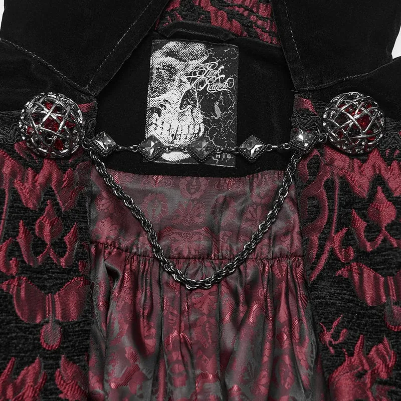 Gothic-Samtmantel für Herren mit Stehkragen und Kette, lang, schwarz-rot