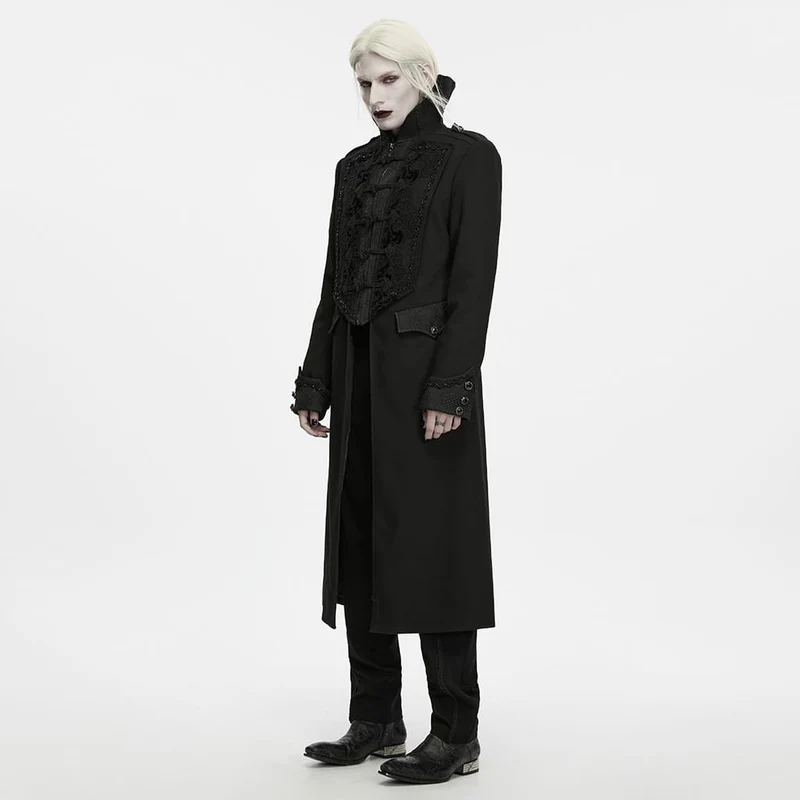 Gothic-Herrenjacke mit Stehkragen, Perlenapplikationen und langem Schnitt